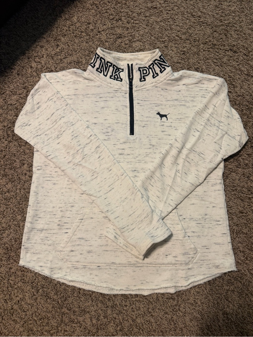 PINK Victoria's Secret Marled White Quarter-Zip Pullover with Navy Trim